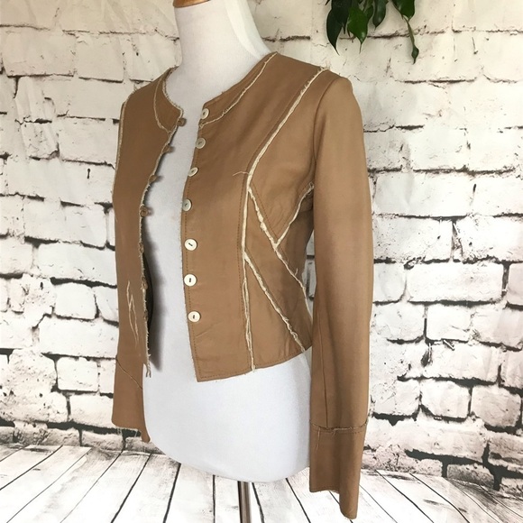 Tan Frayed Seams Patchwork Vegan Leather Fitted Jacket Coat size small - Picture 6 of 11